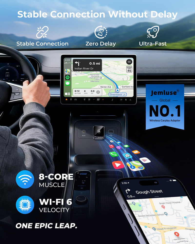 Jemluse Wireless CarPlay Adapter for Apple - Mini Size, Fast Stable Connection Convert Wired to Wireless Car Play Dongle for iPhone iOS 10+, Plug & Play for Cars from 2016+ w/USB-C (Grey) Grey