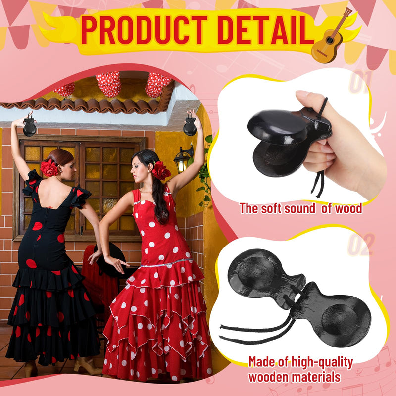 2 Pack Spanish Castanets Flamenco Castanets with String Traditional Wood Hand Percussion Castanets for Adults Kids Music Instrument Spain Souvenir Gift,1 Pair(Black) Black