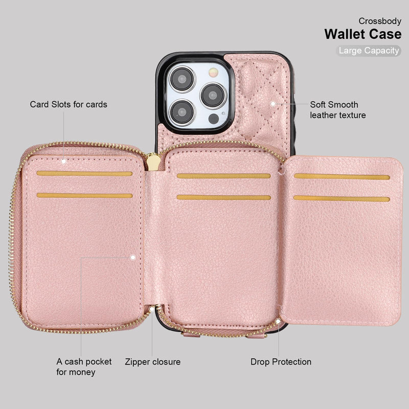 Bocasal Crossbody Wallet Case for iPhone 15 Pro Max, RFID Blocking PU Leather Zipper Handbag Purse Flip Cover, Kickstand Folio Case with Card Slots Holder Wrist Strap Lanyard 5G 6.7 Inch (Rose Gold) Rose Gold