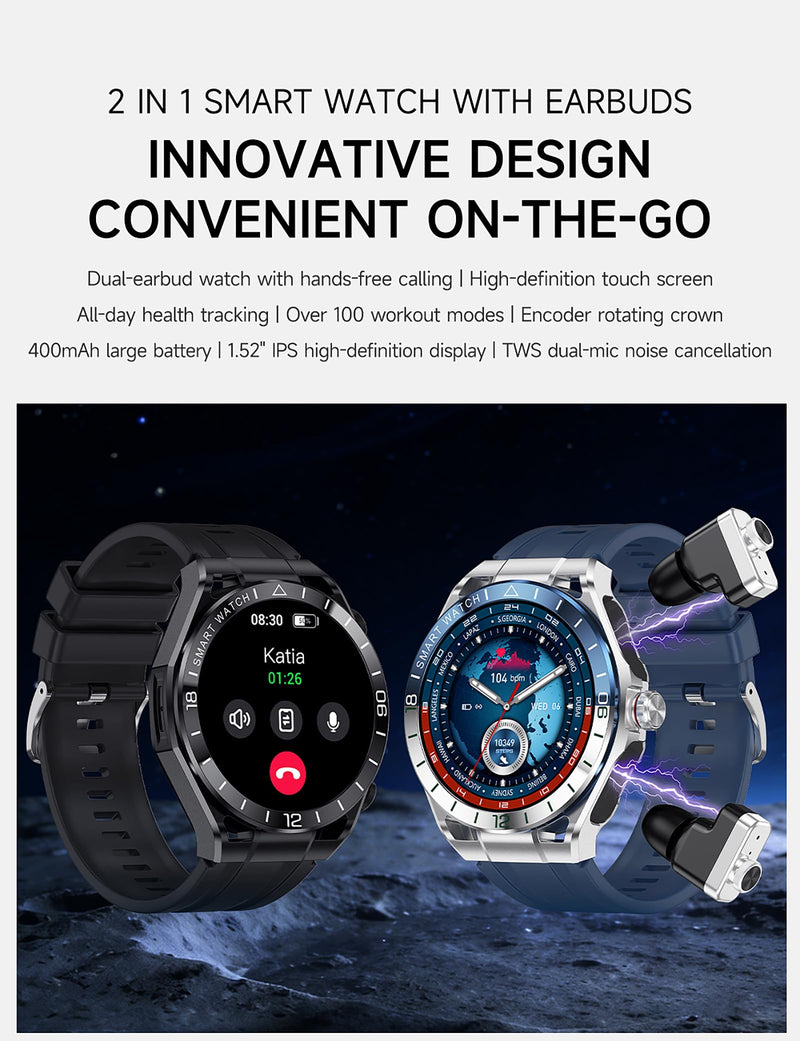 Smart Watch with Earbuds for Android and iPhone,1.52'' HD Screen,Answer/Make Calls,Fitness Tracker,Ultra-Thin Design,Watch with Earbuds for Men Women black