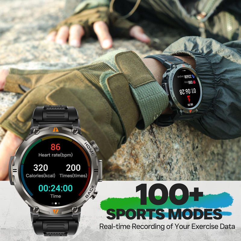 Military Smart Watch for Men, GPS Watch with Flashlight 3ATM Waterproof | Rugged Tactical Smartwatch with Bluetooth Calling Compass 1.45'' HD Sports Watch Fitness Watch Compatible with iPhone Samsung BK