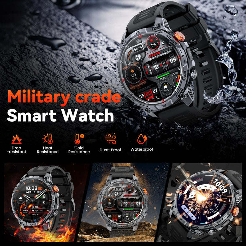 Military Smart Watches for Men,1.75″ Smartwatch with 100-Day Ultra-Long Battery/Flashlight,Fitness Watch for Heart Rate/Sleep/Calling/110+ Sports Mode Smart Watch for Android iOS 1000 mAh Black