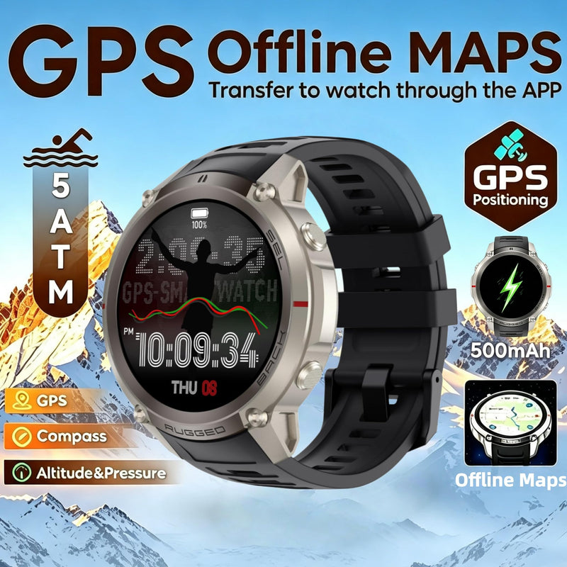 GPS Smart Watch for Men with Multi‑Constellation Positioning/Offline Maps,1.43'' Smartwatch with Bluetooth Call,Compass ,170+ sports modes, 5ATM Waterproof Fitness Tracker Watch for Android iOS Blue