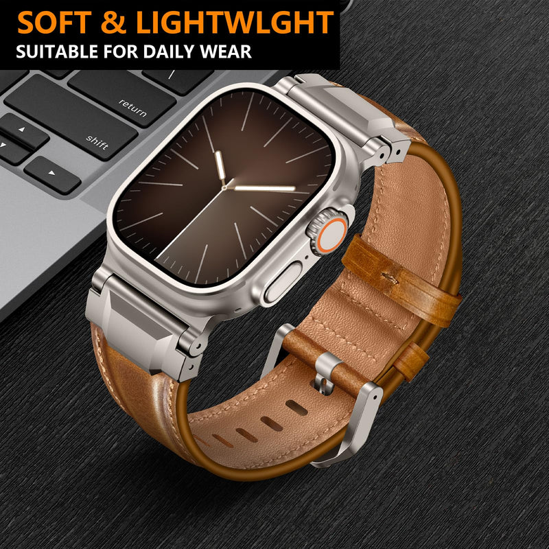 Leather Bands Compatible with Apple Watch Ultra 3/2/1 Band 49/46/45/44/42mm Men, Genuine Leather Metal Connector Strap for iWatch Ultra Series 11/10/9/8/7/SE/6/5/4, Black/Black+Brown/Titanium