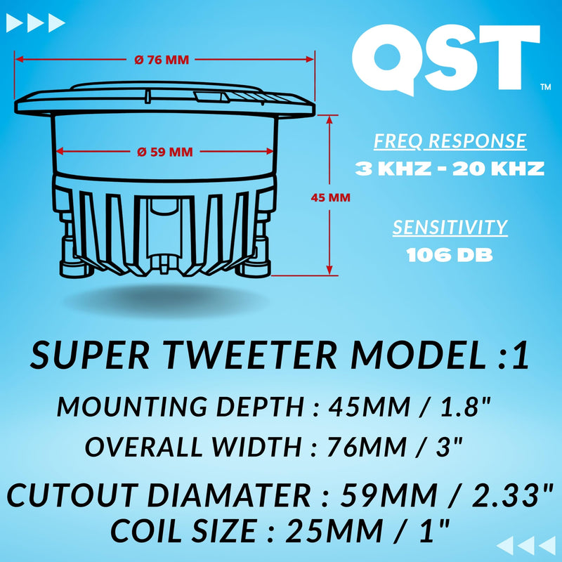 QST ST-1 Super Bullet Tweeter Neodiumum with Aluminum heatsink for 106DB High Sensitivity 4Ohms 20KHZ 1 inch Coil (Pair)