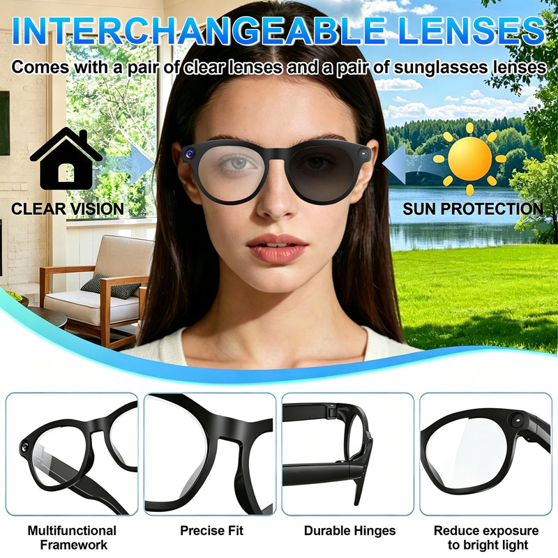 AI Smart Glasses with Camera, 4K Video Recording & Photo Capture Sunglasses | Real-Time Translation, Open-Ear Bluetooth Audio, AI Voice Assistant, Object Recognition, Replaceable Lenses for Men & Women
