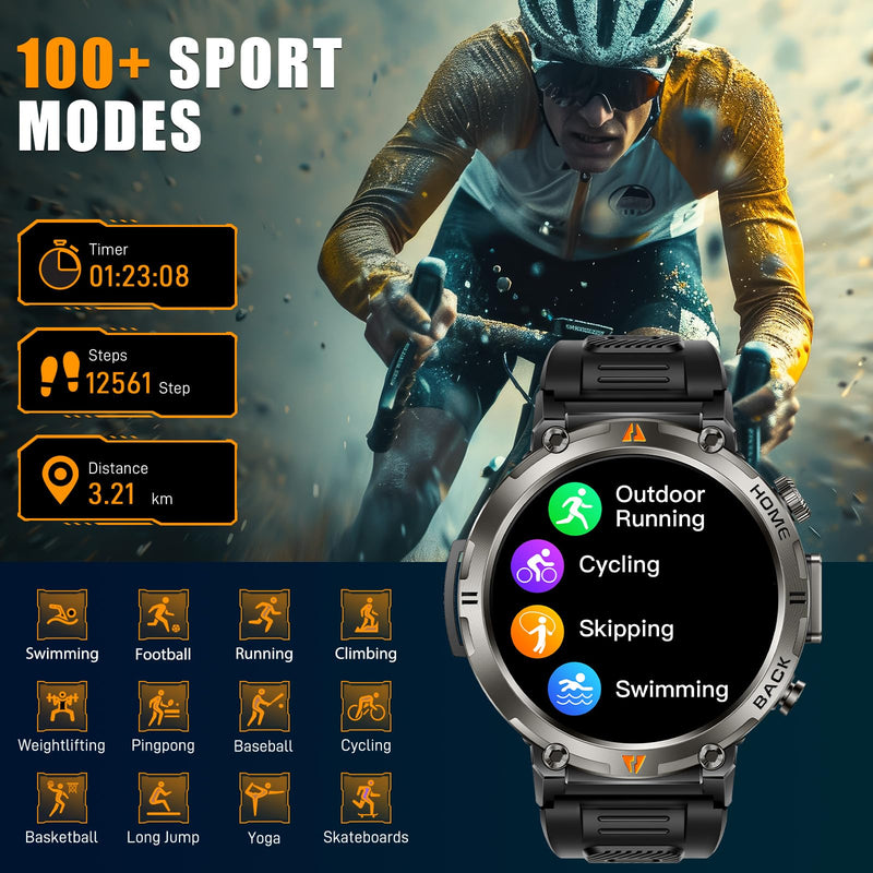Military Smart Watches for Men Built-in GPS LED Flashlight Smartwatch | Rugged Tactical Smart Watch 3ATM Waterproof Compass Calls 530mAh Battery Fitness Tracker with HR/Sleep Monitor iOS Android KE3P Black