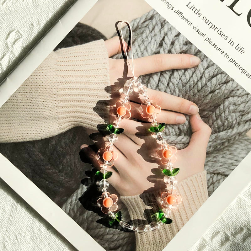 Flower Phone Charm Cute Phone Charms Strap Beaded Phone Keychain Pearl Phone Lanyard for Women Girls Style #1- Flower Orange&Pink