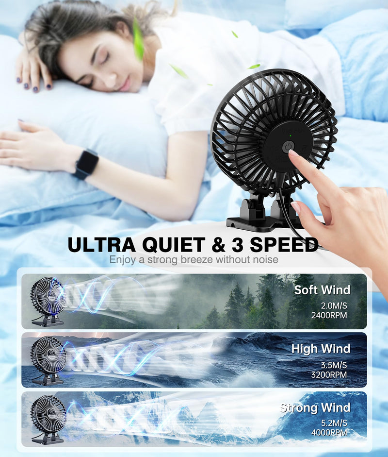 JZCreater USB Desk Fan, Mini Fan Portable, 3 Speeds Desktop Table Cooling Fan, Plug in Power Fan, Rotation Strong Wind, Quiet Personal Small Fan for Home Desktop Office Travel Bedroom, Black Black