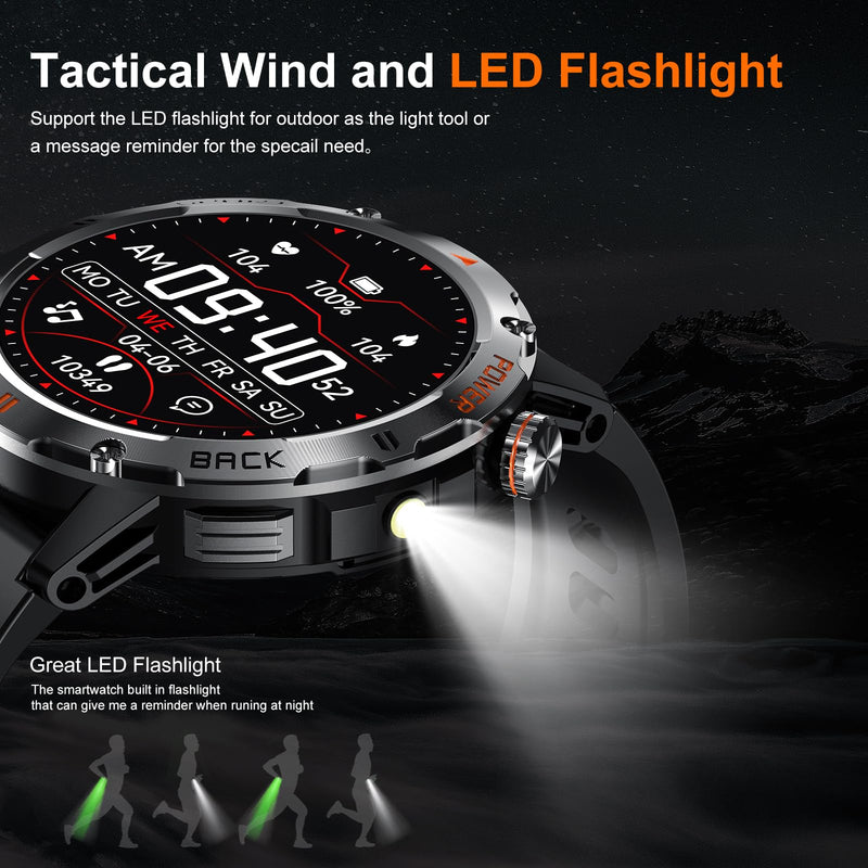 Military Smart Watch for Men, (Answer/Make Call) Fitness Smart Watch with Flashlight Compatible for Android & iPhone Waterproof with Blood Oxygen/HeartRate/Sleep/120+ Sport Modes (Black) Black