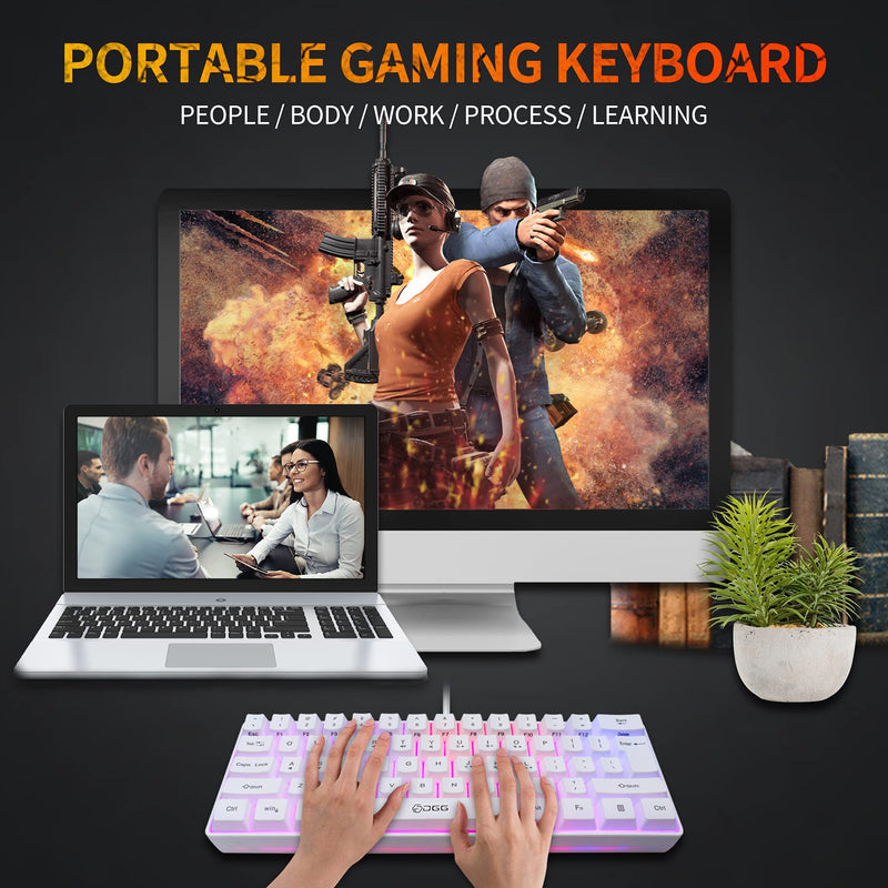 DGG 60% Wired Gaming Keyboard,RGB Backlit Ultra-Compact Mini Keyboard,Waterproof Mini Compact 61 Keys Keyboard, for PC/Mac Gamer, Typist, Travel, Easy to Carry on Business Trip,White White