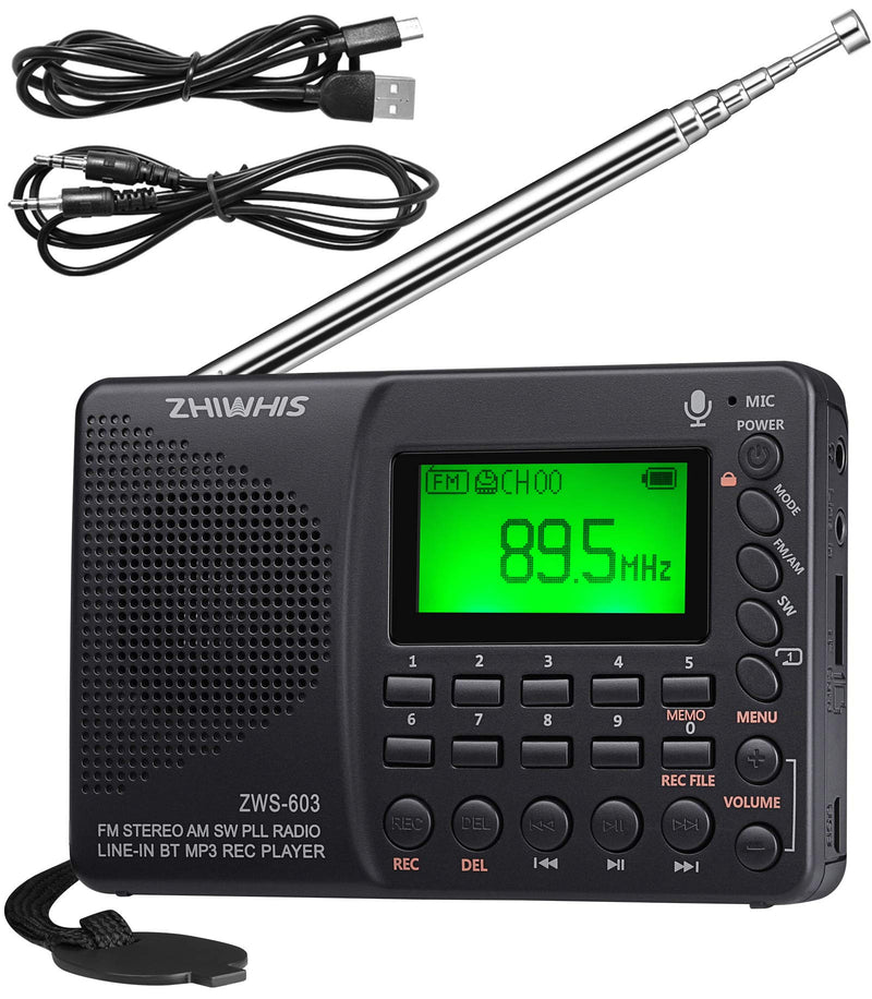 [AUSTRALIA] - ZHIWHIS Portable Bluetooth Radio, FM AM Shortwave Radios with Sleep Timer and Preset Function, Rechargeable Digital Recorder, Stereo MP3 Player with Lyric Display, Support Micro SD Card and AUX ZWS-603 (green backlight) 