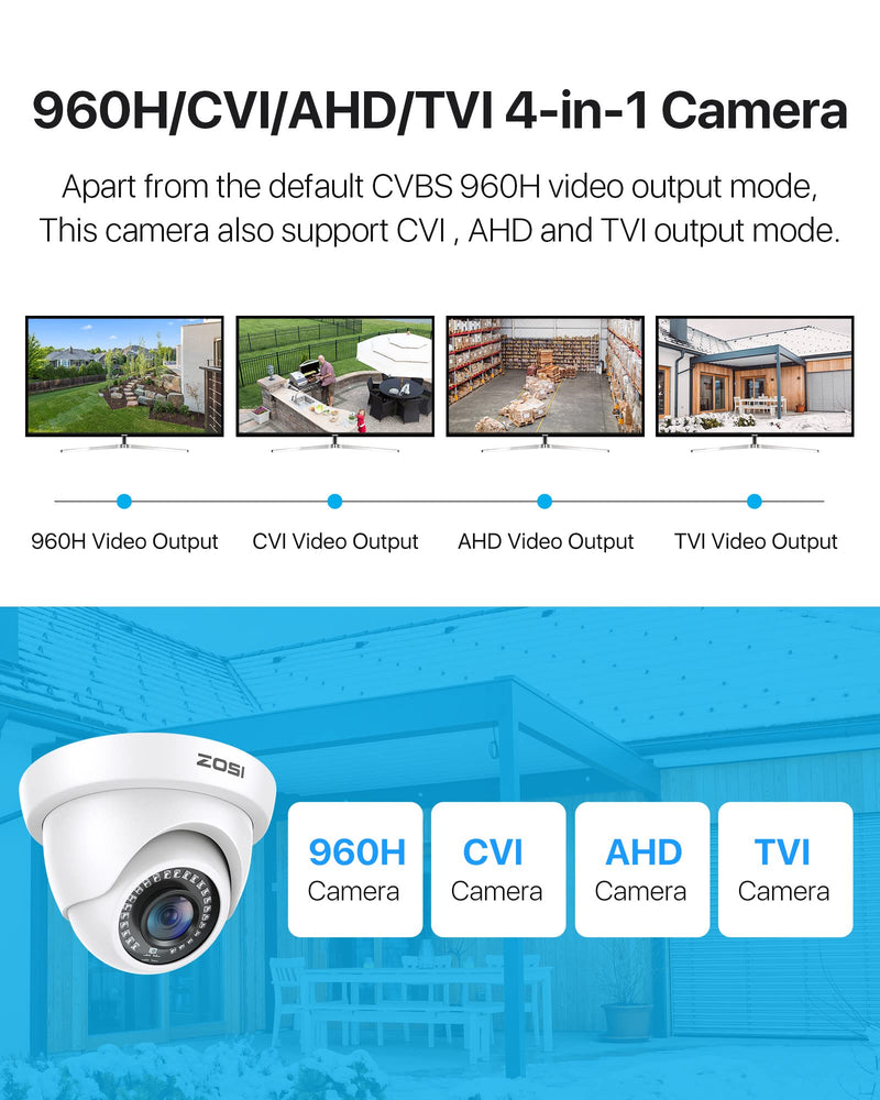ZOSI 2MP 1920TVL Hybrid 4 in 1 TVI CVI AHD CVBS Security Camera,1080P HD Weatherproof Outdoor Indoor Surveillance Cam,Night Vision,For 960H,720P,1080P,5MP,4K analog DVR - White Wired-1Cam