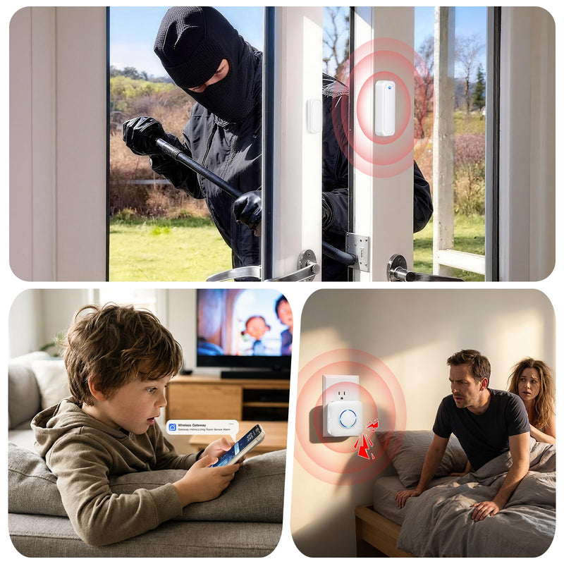 [AUSTRALIA] - WiFi Door Sensor Chime, Smart Door Open Alert Window Sensor for Business/Home/Kids Safety, Real-Time App Notification, 500ft Range, 32 Melodies, 5 Volume Levels, Window Contact Sensor Alarm Kit White 3 