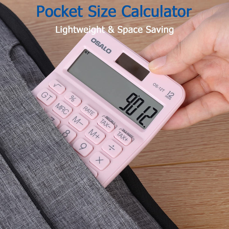 Pocket Small Size Desk Calculator, 12 Digit Large LCD Display, Basic Tax Function Handheld Desktop Calculator with Solar Battery Dual Power, Perfect for Office, School, Business OS-12T (Pink) 12T-Pink