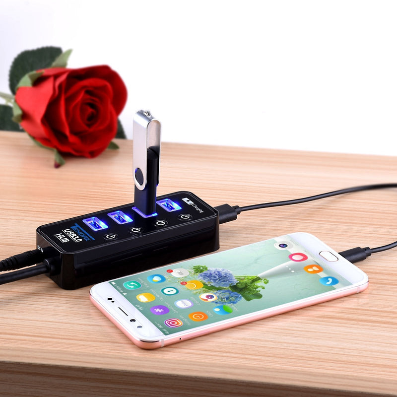 USB 3.0 Hub, Tendak USB Hub with 4 USB 3.0 Data Ports + 1 USB Smart Charging Port and Power Supply Adapter with Individual On/Off Port Switches for PS4 Pro PS4 Slim Xbox One