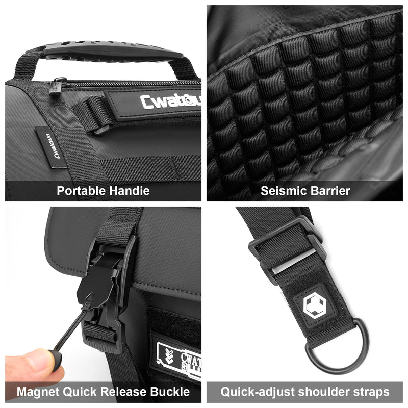Cwatcun Tactical Camera Sling Bag, Crossbody Case with Tripod Holder | Fits 1camera+2lenses+11"iPad. Tactical webbing, removable pouches, magnetic buckle, padded foam, tripod holder Black Small
