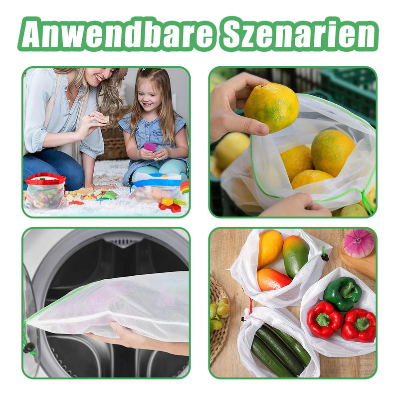 [AUSTRALIA] - Vimmvid Pack of 10 Fruit Vegetables Large Mesh Bag, Washable Vegetable Net and Shopping Net with Drawstring, Transparent Mesh Bags for Fresh Storage of Fruit and Vegetables, Green, Unit size 