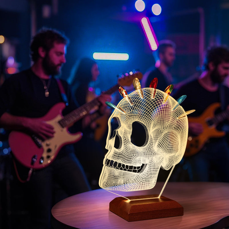 Light Up Guitar Pick Holder, Acrylic Skull Pick Holder with Wooden Base for Picks Storage and Display, Gift for Guitar Players Guitarists