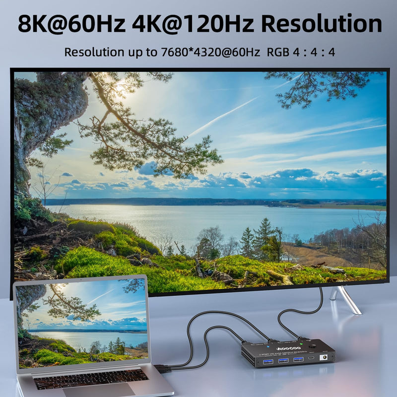 8K@60Hz HDMI KVM Switch 1 Monitors 2 Computers 4K@144Hz KVM Switches with USB 3.0 Port,Wired Remote,Power Adapter and USB3.0 Cables Included(10cm 2 PC 1 Monitor 8K KVM) 10 cm