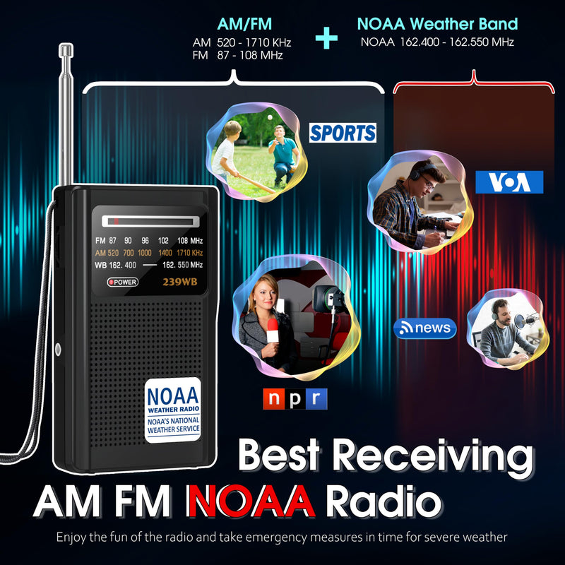 [AUSTRALIA] - Greadio NOAA Weather Radio, Stereo Earphone Jack,AM/FM Battery Operated Transistor Portable Radio with Best Reception,Powered by 2 AA Battery for Emergency,Hurricane,Running, Walking,Home(Black) Black 