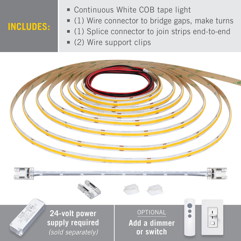 Armacost Lighting RibbonFlex Pro 24V White COB LED Strip Light Tape 4000K, 315 Lumens/Ft, 5M 172330 16.4 ft Bright White 4000K