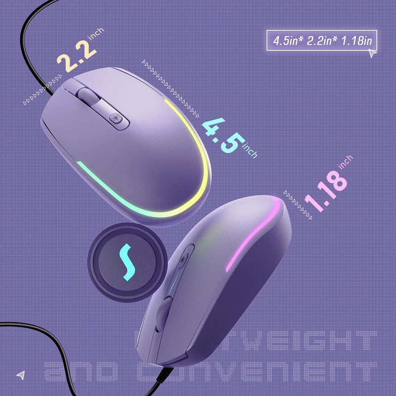 seenda Wired Mouse - USB Computer Mouse Wired with RGB Backlit Optical LED Mouse with Attached USB Cord for Laptops Notebooks Chromebook - Purple