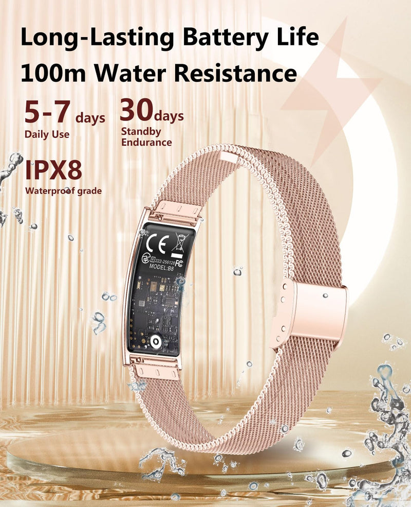 Ultrathin 5mm Smart Bracelet for Men Women Fitness Tracker with Heart Rate Blood Oxygen Sleep Monitor Multi Sport Modes Smart Watch Compatible with iOS Android (Rose Gold Mesh Belt B8) Rose Gold Mesh Belt B8