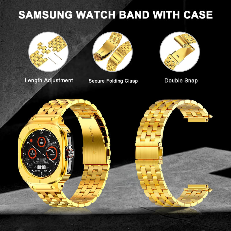 HASLFM Stainless Steel Case and Bands Compatible with Samsung Galaxy Watch 7 8 Ultra 47mm/ Galaxy Watch 5 pro 45mm/ Galaxy Watch 6/5/4 44mm, Rugged Metal Band Rugged Protector Cover for Men Gold-1 47mm(Galaxy Watch 7 8 Ultra)