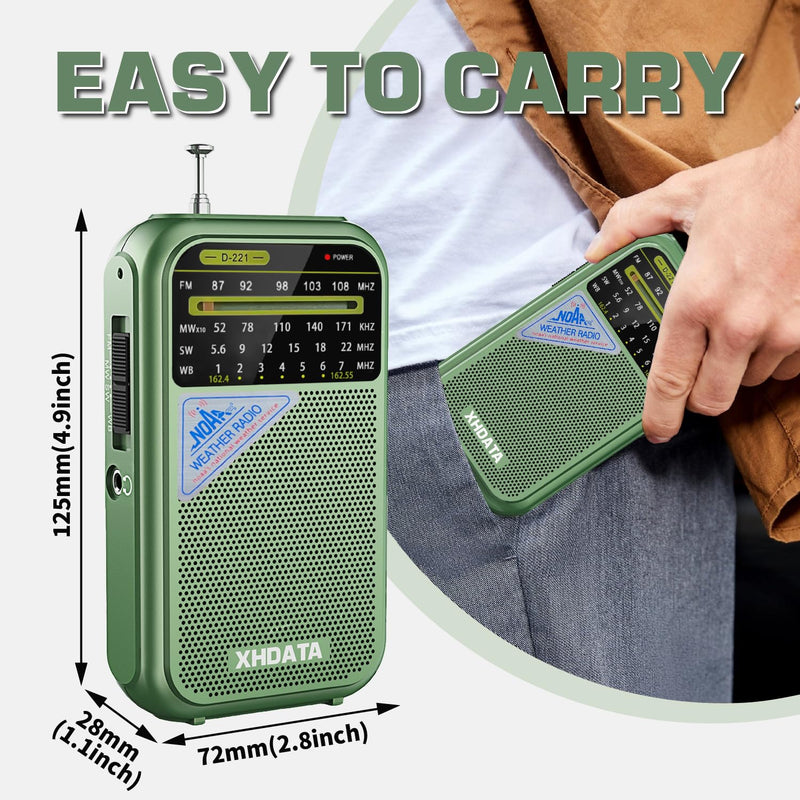 [AUSTRALIA] - XHDATA D221 NOAA Weather Radio Portable AM FM Shortwave Radio Receiver, 2 AA Battery Operated, Transistor Radio with Excellent Reception for Gift, Family, Elder (Green) Green 