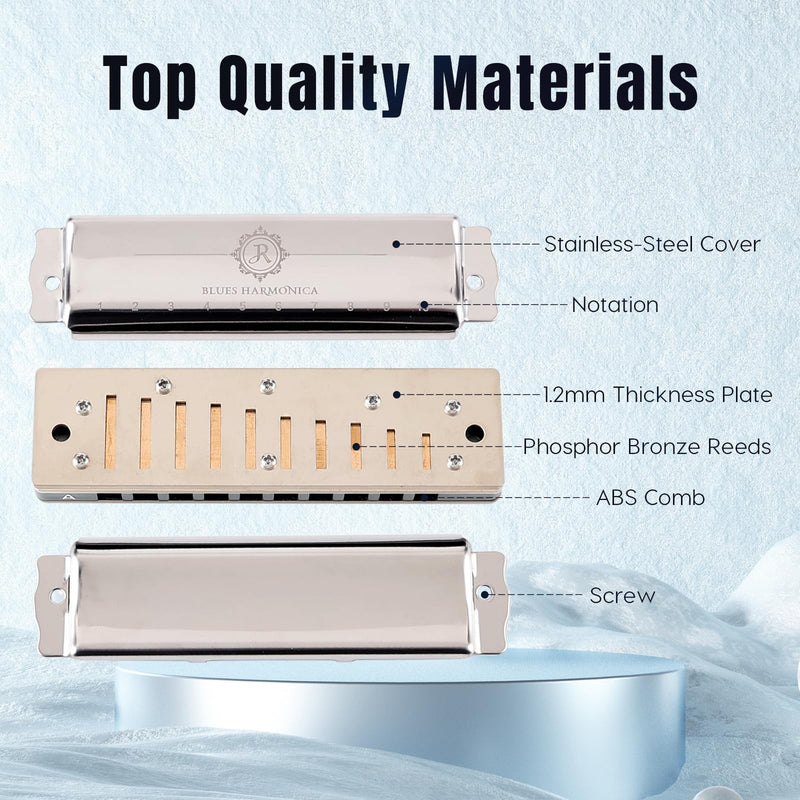 Harmonica Key of C 10 Holes 20 Tones Blues Harp Diatonic Mouth Organ Armonica with EVA Protective Case for Adults Beginner Intermediate Rock Jazz Gift Silver JDR North