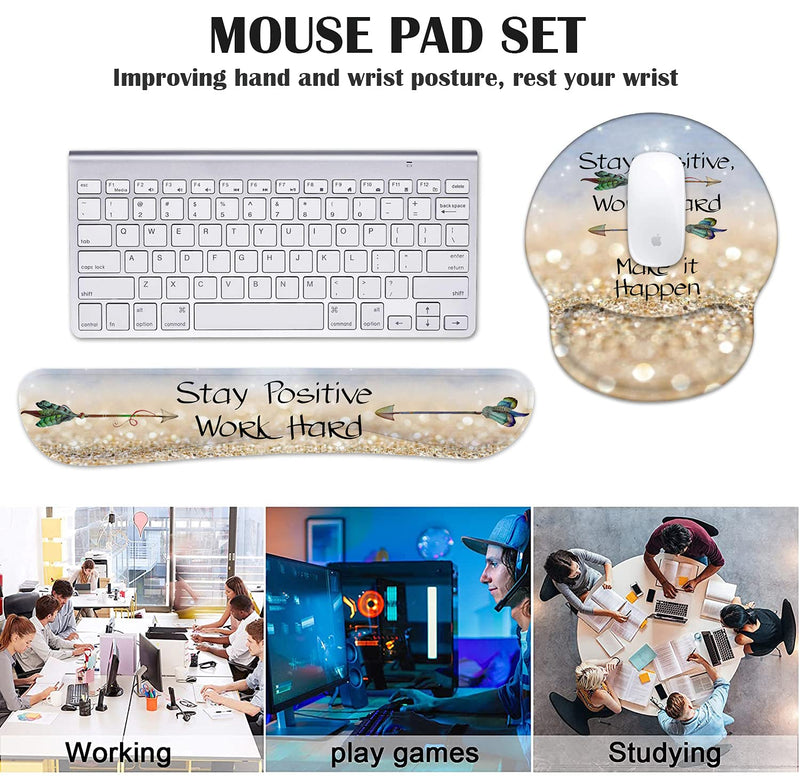 Keyboard Wrist Rest and Mouse Pad Wrist Support Set with Coasters,Stay Positive Work Hard and Make It Happen Inspirational Quote Wrist Mouse Pad with Non-Slip PU Base for Computer Laptop Home Office