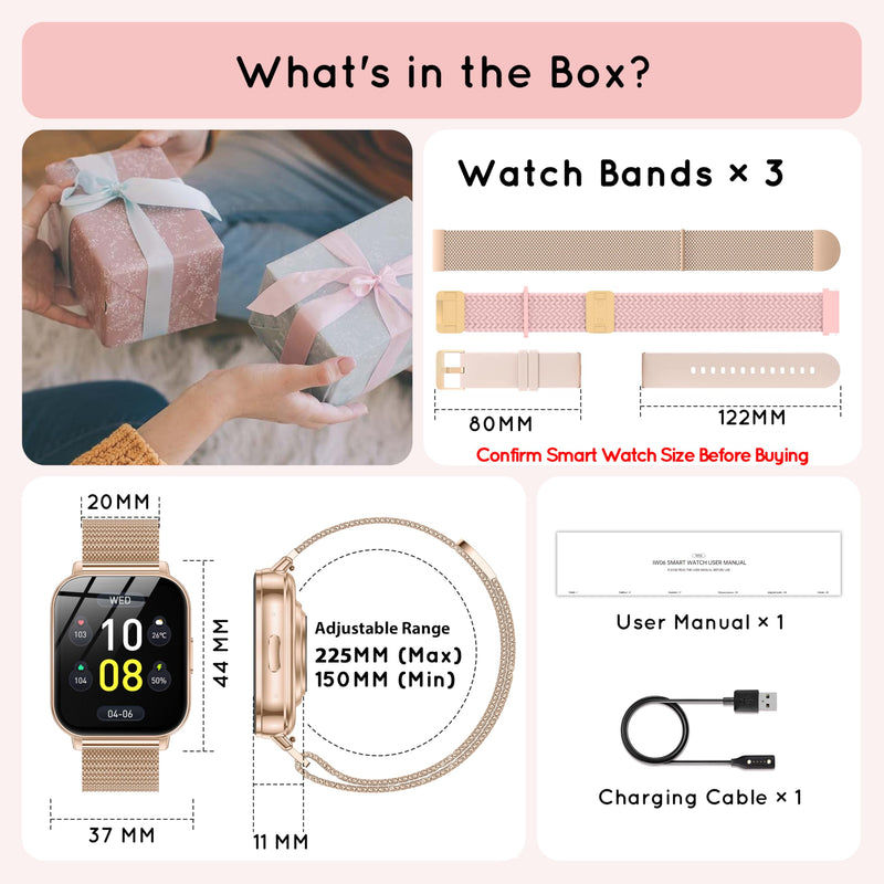 Smart Watch for Women for Android & iPhone 1.85" HD Fitness Tracker IP68 | Bluetooth Call Smartwatch with Heart Rate SpO2 Sleep Monitor, DIY Dial 120+Sport Step IP68 Waterproof , 3 Band/1000mAh Rose Gold 44 MM