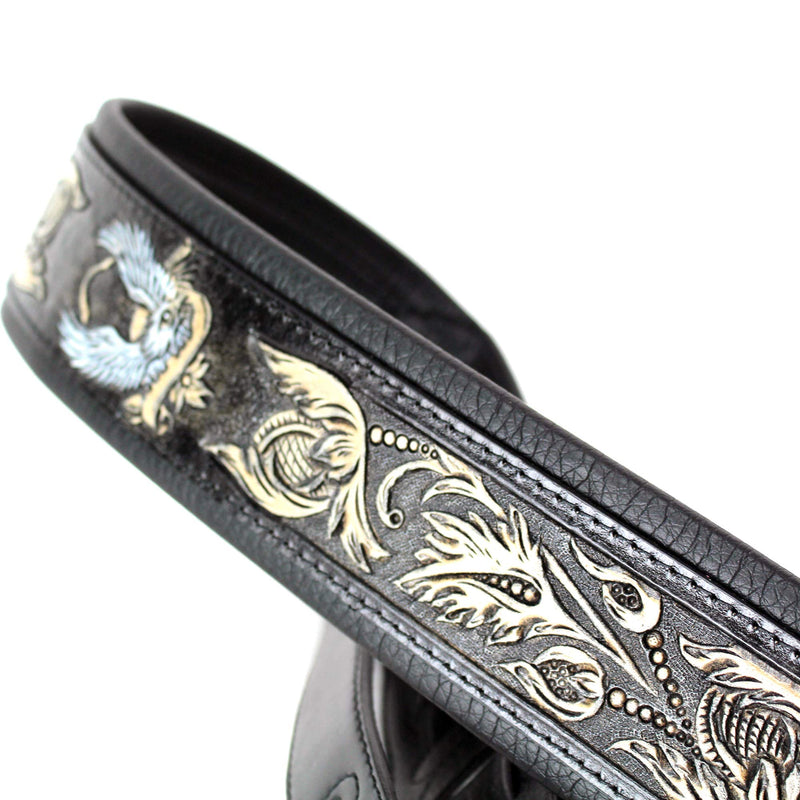 Walker & Williams KB-04-BLK Black Full Grain Handmade Center Block Premium Carving Leather Padded Guitar Strap With Banner Eagle And Vines For Acoustic, Electric, And Bass Guitars