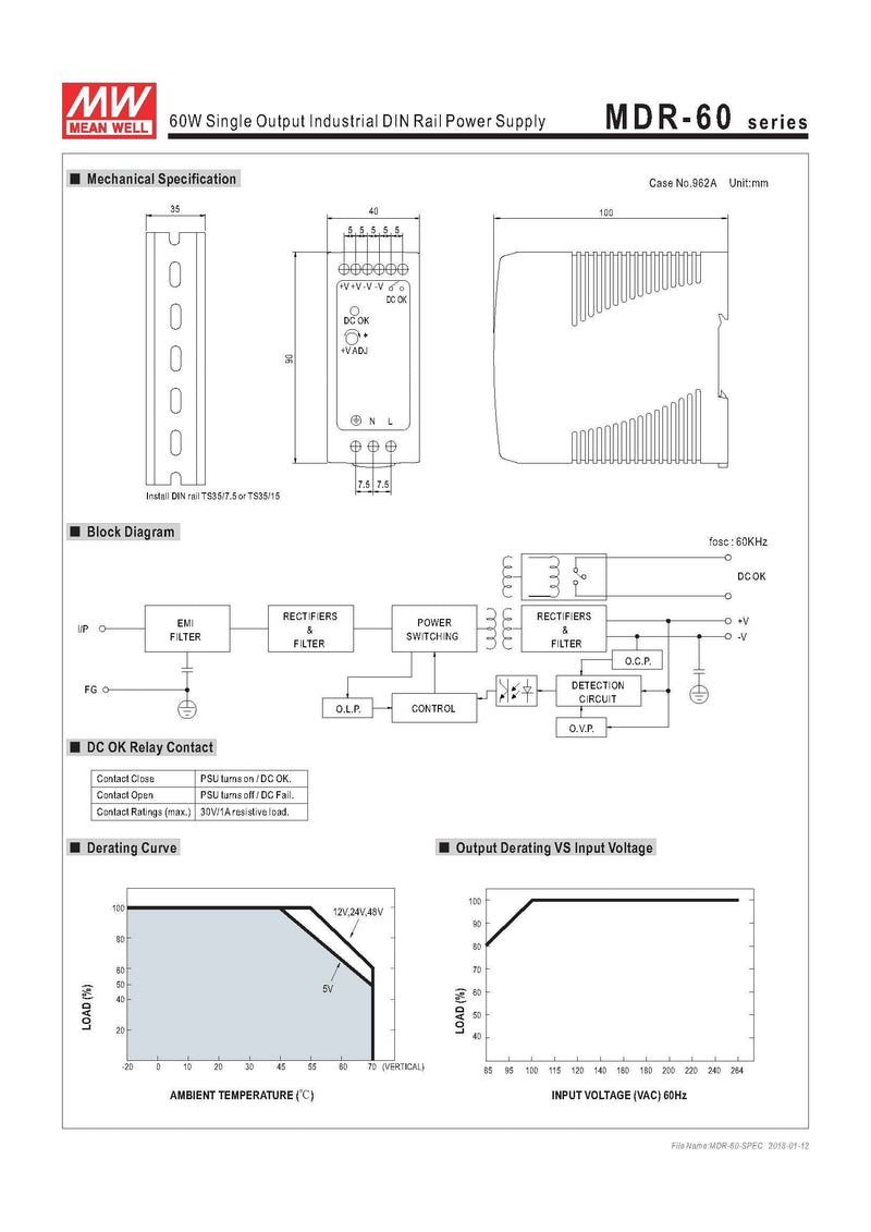 MEAN WELL MDR-60-24 DIN-Rail Power Supply 24V 2.5 Amp 60W Original Version