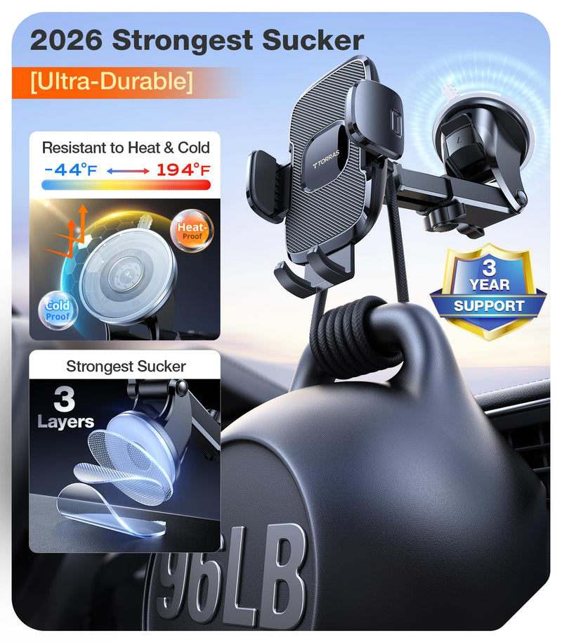 TORRAS Ultra-Durable Phone Holders for Your Car【96+LBS Strongest Suction】 Car Phone Holder Mount, Safety Certs Cell Phone Car Mount Truck for Dashboard Windshield Vent for iPhone 17 16 15 14 Pro Max Black