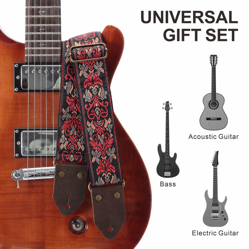 Nefelibata Guitar Strap,Jacquard Embroidery Cotton Guitar Straps with Crazy Horse Leather Leather Ends for Bass, Electric & Acoustic, Best Gifts for Kids, Guitarists(Retro Red Flower) Retro Red Flower