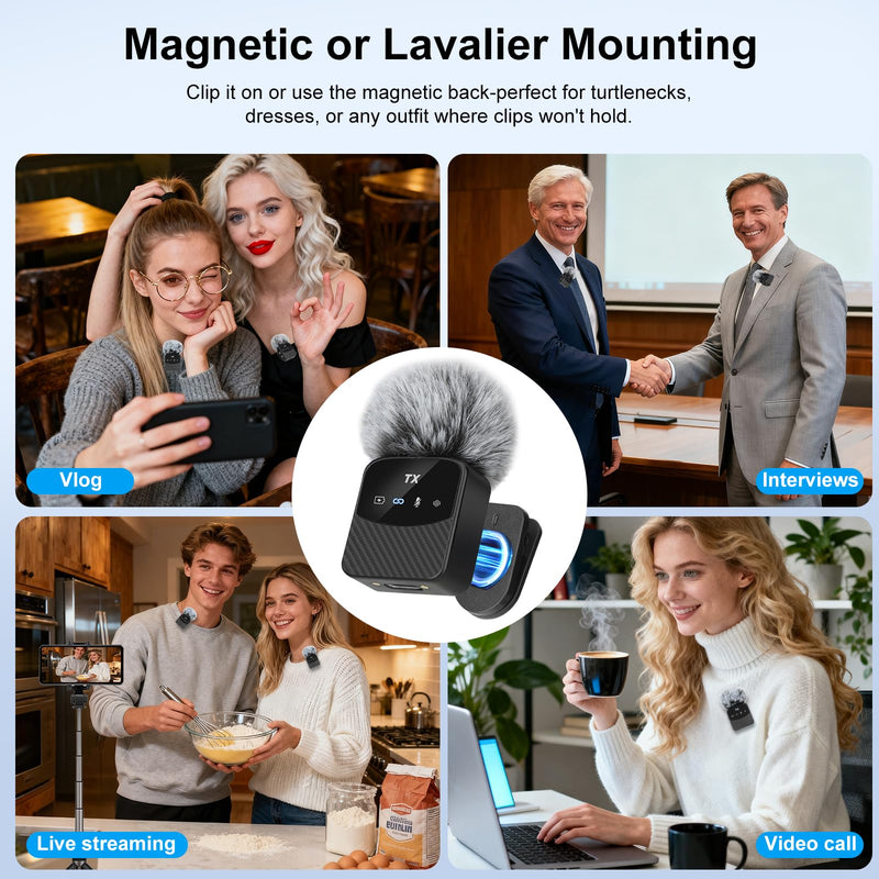 Mini Wireless Lavalier Microphone for iPhone/Android/Tablets,Magnetic Mini Mic with Noise Reduction, 25H Battery Life with Charging Case, Lapel Microphone Wireless for Video Recording Podcast Magnetic Mini Mic