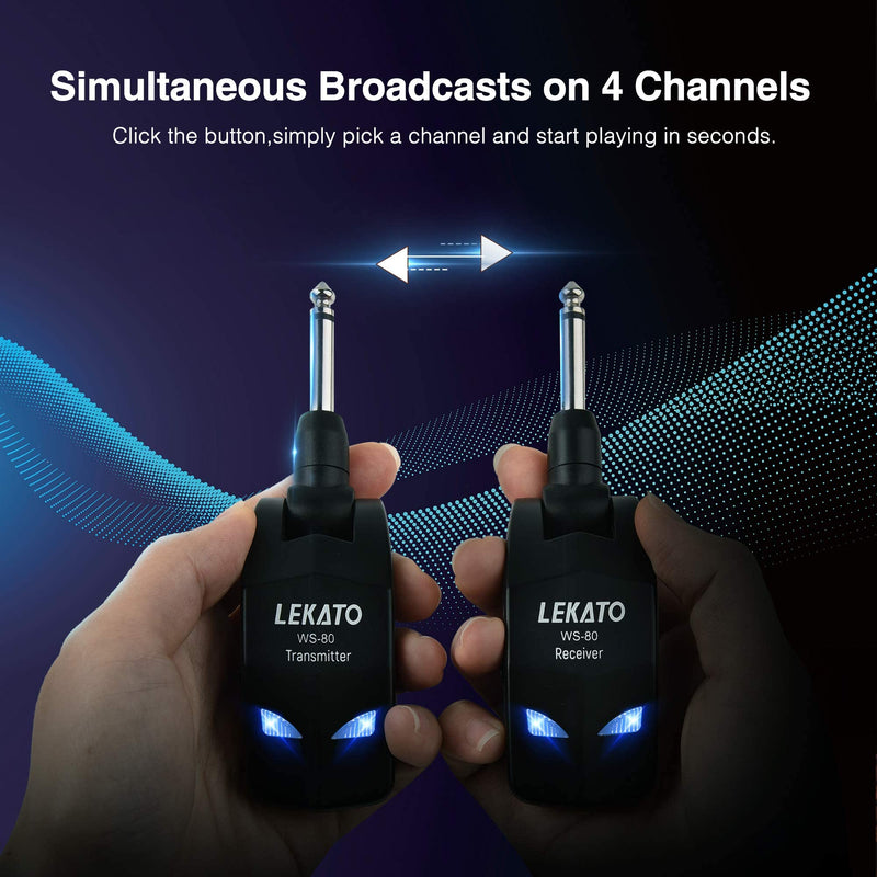 [AUSTRALIA] - LEKATO Wireless Guitar System 2.4GHz Audio Guitar Transmitter Receiver with 4 Channels Rechargeable Guitar Wireless System for Guitar Bass Electric Instruments Practise/Performance(WS-80) 