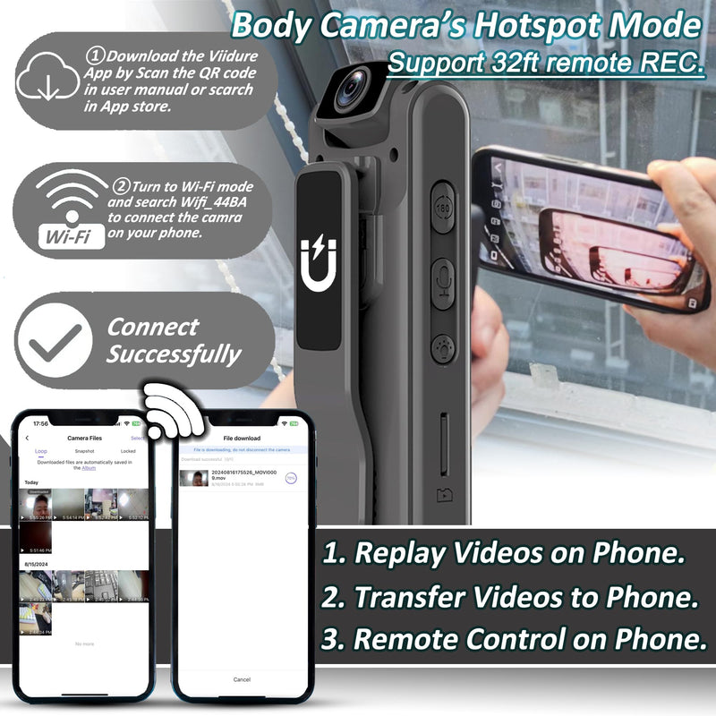 Body Camera with Audio & Video Recording- 64GB 1080P HD Police Cop Cam for Outdoor Law Enforcement Guard Travel Cameras- With Magnetic Clip Flashlight 6HR Battery Recorder (Grey With Lanyard) Grey 64G