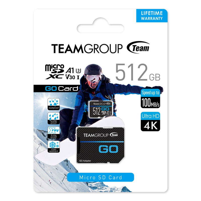 TEAMGROUP GO Card 512GB Micro SDXC UHS-I U3 V30 4K, R/W up to 100/90 MB/s for GoPro & Action Cameras High Speed Flash Memory Card with Adapter for Outdoor, Sports, 4K Shooting TGUSDX512GU303