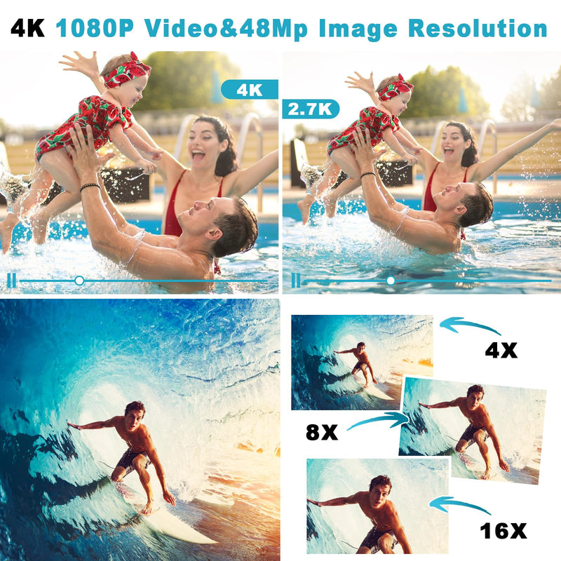 Waterproof Digital Camera, Underwater Camera with 32GB Card(Installed), 4K FHD 48MP Dual-Screen Selfie Under Water Camera for Photography, 10FT Waterproof Camera for Snorkeling, Surfing, Rafting Blue