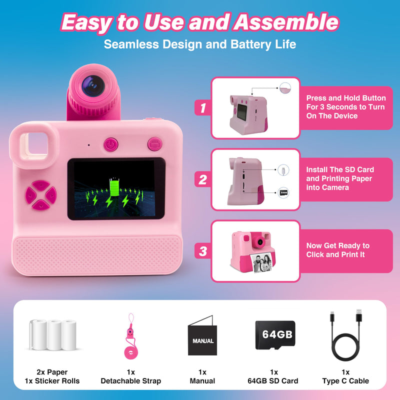 GabbaGoods Instant Print Kids Camera For 3 4 5 6 7 8 9 Year Old Kids With 32GB SD Card, Instant Thermal Print Feature Best For Gift On Christmas/Birthday/Holiday | Toddler Camera | Kids Digital Camera Pink