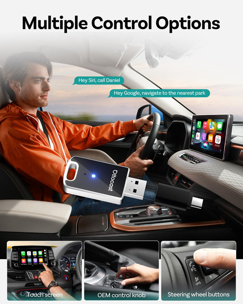 OTTOCAST Mini Edge 2-in-1 Wireless CarPlay & Android Auto Adapter 2026 | Aluminum Body,GPS Passthrough,Auto Reconnect,Plug & Play,iPhone & Android,Seamless Calls,Music & Navigation,Factory Controls