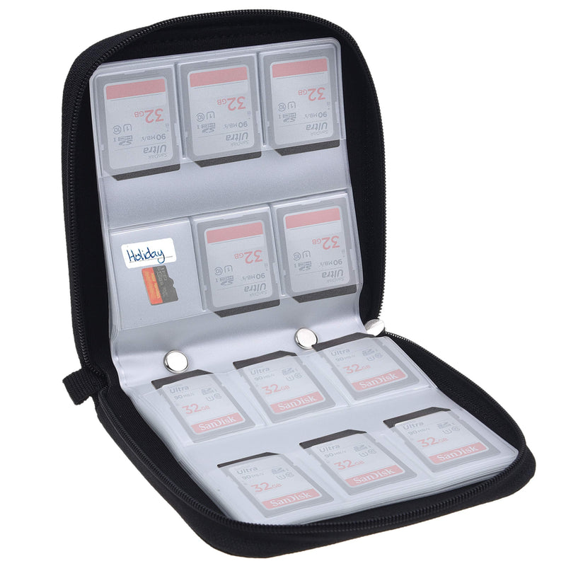 Memory Card Case - Fits up to 88x SD, SDHC, Micro SD, Mini SD and 4X CF - Holder with 88 Slots (8 Pages) - for Storage and Travel - Microfiber Cleaning Cloth, Carabiner and Labels Included (Black)