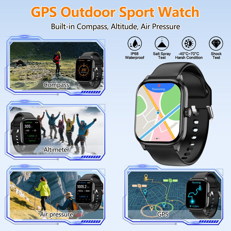 Odsslgw Smart Watch for Women Men, GPS Smartwatches with Heart Rate/SpO2/Sleep/Stress Monitor, 100+ Sports Fitness Watches, IP68 Waterproof Activity Tracker for Android/iOS Phone (Black, 1.96"_GPS) Black