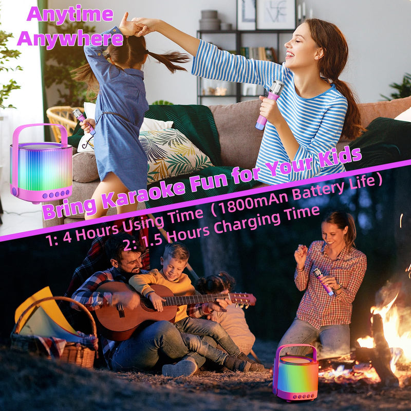 Karaoke Machine for Kids Adults Portable Bluetooth 5.3 Speaker with 2 Wireless Microphones, Five LED Disco Lights Modes, Five Funny Sound Modes, for Girls Boys Home Party-Pink Pink