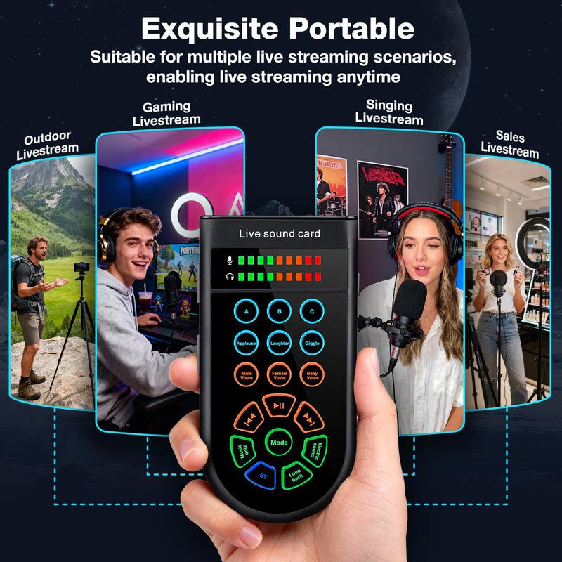 [AUSTRALIA] - M300 Small Handheld Sound Card Set for Singing & Live Streaming, Voice Changer with Reverb/Vocal Enhancement/Vocal Changer/Sound Effects, w/AUX/Type-C/Bluetooth in, Includes Condenser Mic & Headphones 