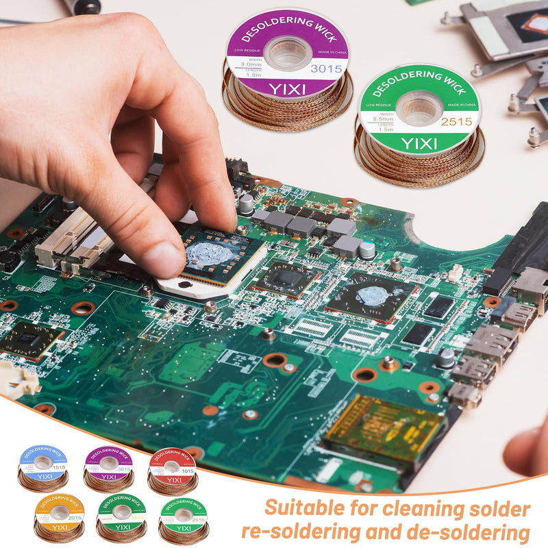 Pack of 6 Desoldering Wire, No-Clean Soldering Braid 1.5 m Copper Wire (1.0/1.5/2.0/2.5/3.0/3.5 mm) for Desoldering, Desoldering Wick for Removing Solder and Disassembling Electrical Components