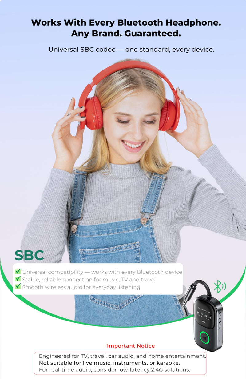 [AUSTRALIA] - Bluetooth Transmitter Receiver 2-in-1: Car Handsfree Mic, TV & Airplane Audio | Connect 2 Headphones | 18-Hr Battery 